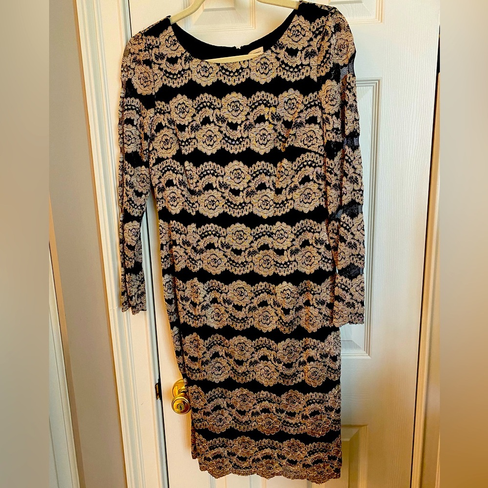Black and gold knit lace cocktail dress
